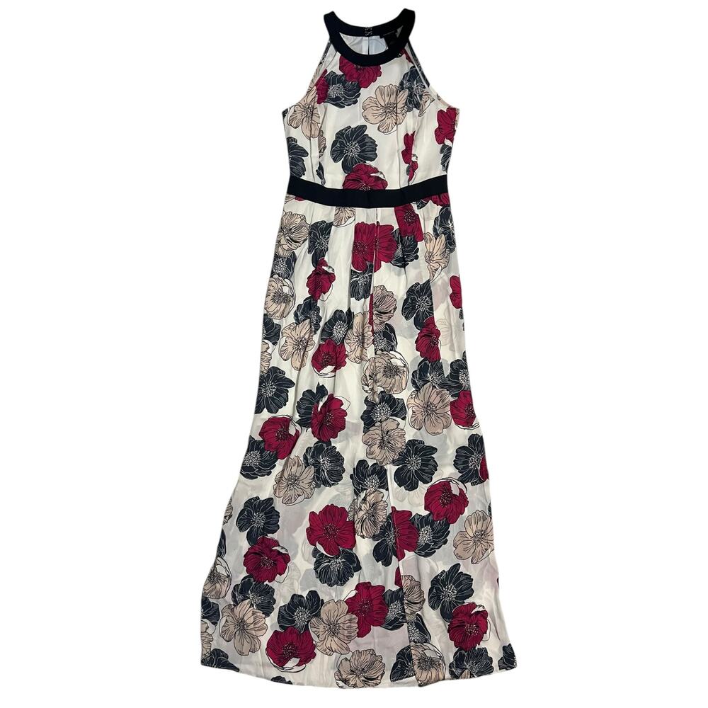 Ann Taylor Sleeveless Halter Maxi Dress Flowy White Pink Navy Blue Floral Size 2